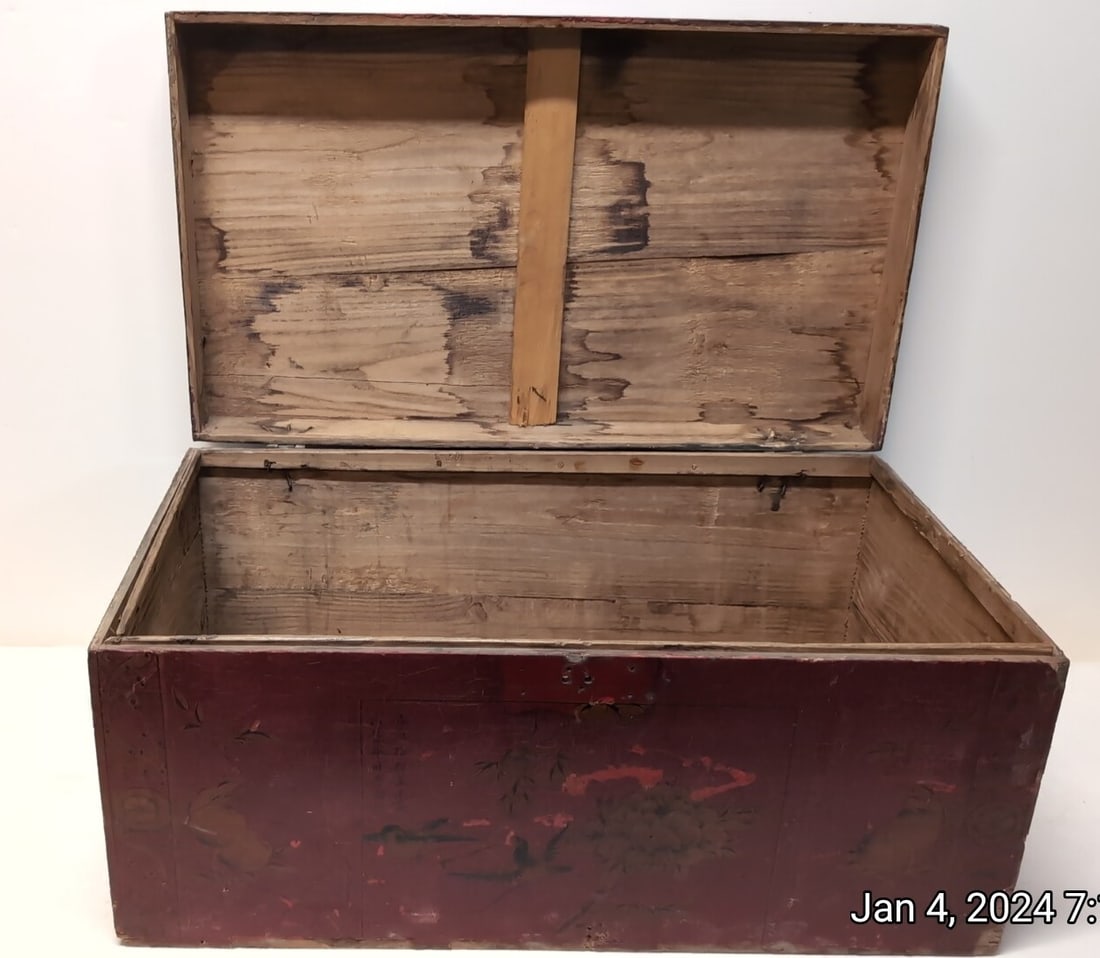 Large Wooden Storage Box: painted front design some wear 30" L x 14 1/2" T x 17 1/2" D