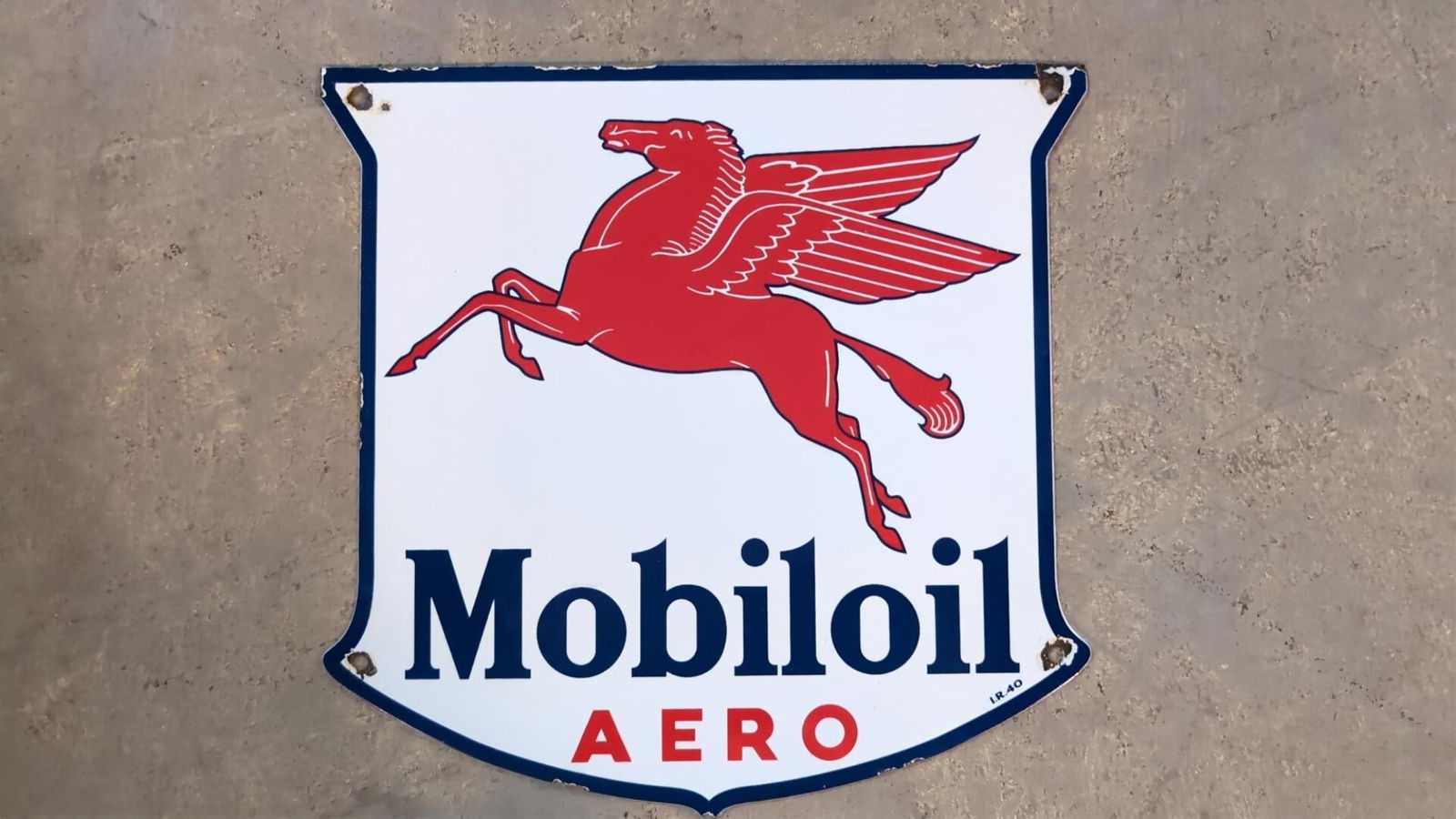Porcelain Mobiloil Aero Badge: Single sided some dings and corrosion 12" x 12" . . . . . .key search words: Mobil, Mobiloil, Mobilgas, gasoline, motor oil, oil, service station, gas station, Pegasus,