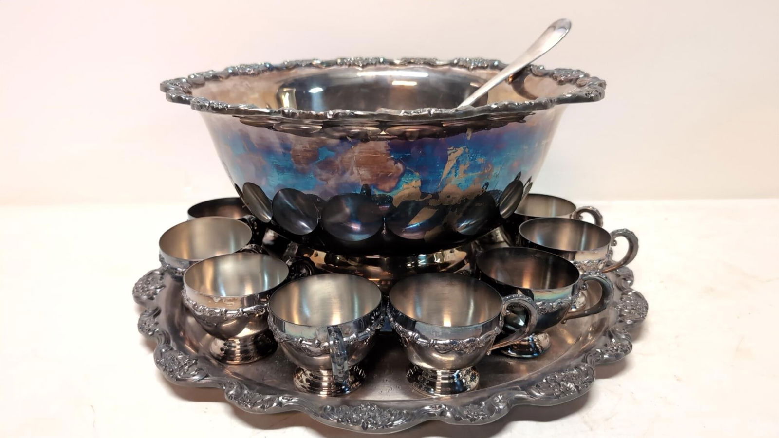 Vintage Silverplate Punch Bowl with Tray and Cups (1 of 2)