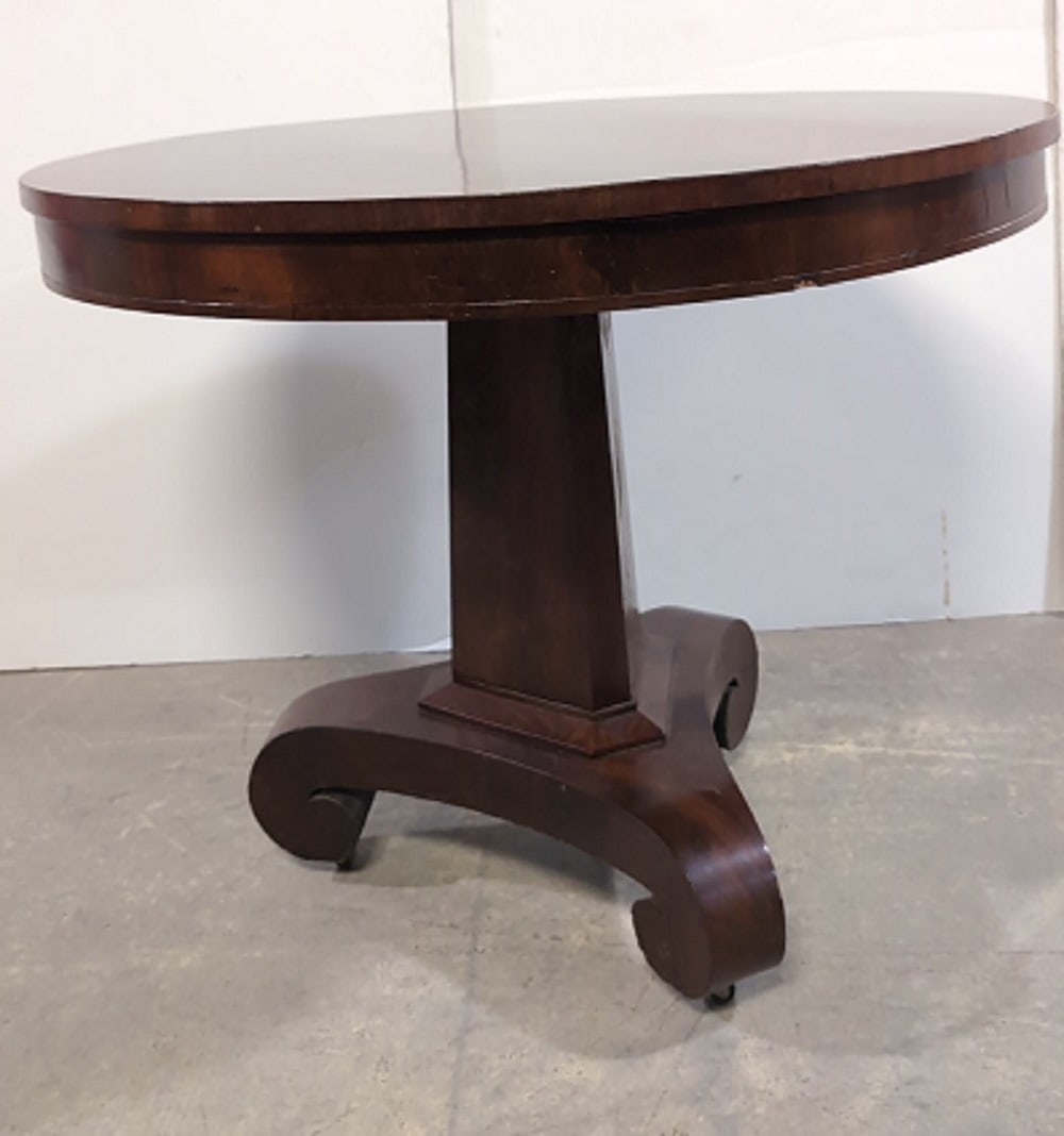 Burl Mahogany Drum Table: 36 1/2" diameter x 28 1/2" t good condition