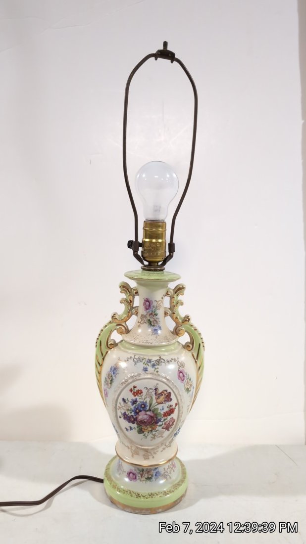 Vintage Table Lamp: Green and floral NO shade or Finial