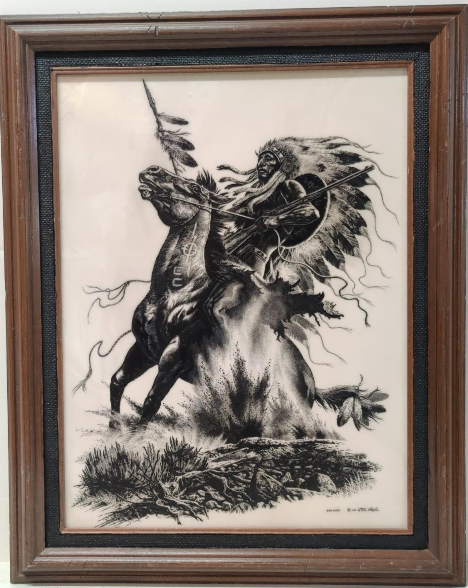 War Chief by Bill O'Neill: Marble carved etched horse War Chief Battle Indian Native American 1975 27" T x 22" W including frame