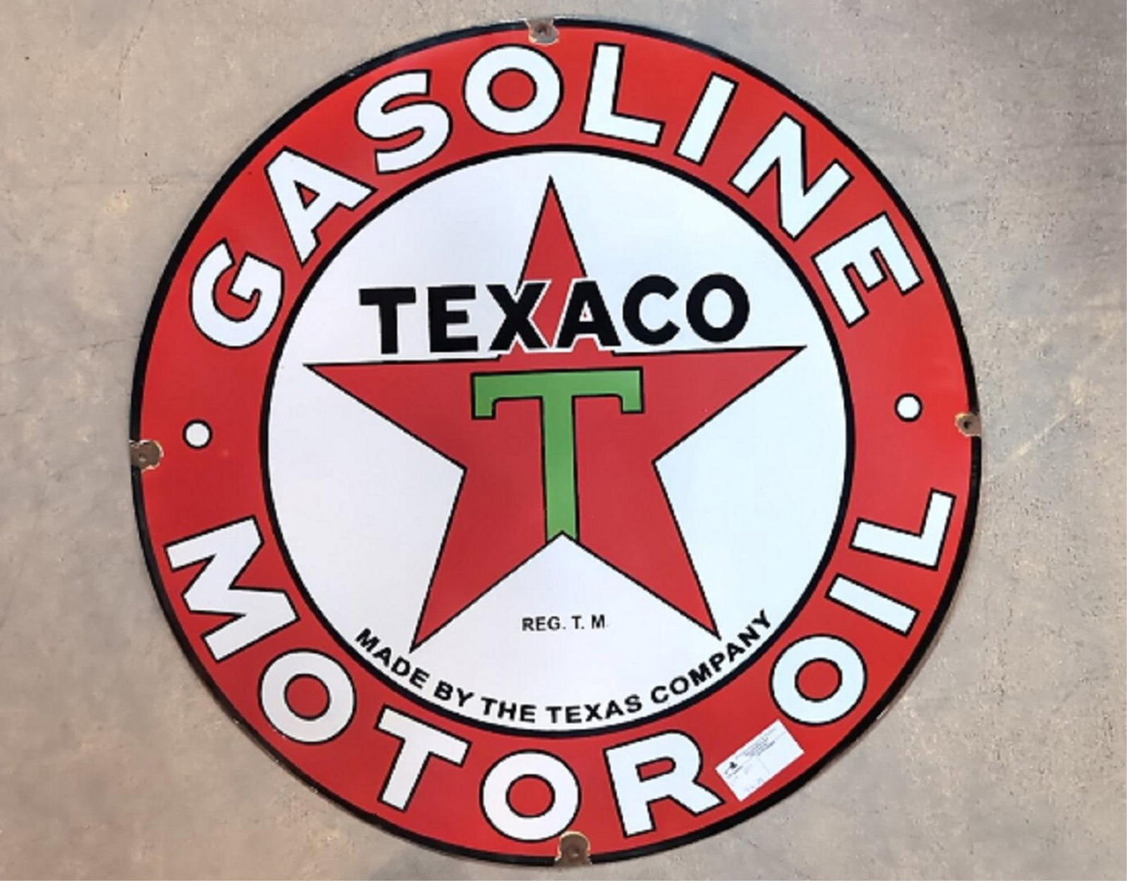 30" Porcelain Texaco Gasoline Motor Oil Red sign: single sided some rust and corrosion on perimeter and holes