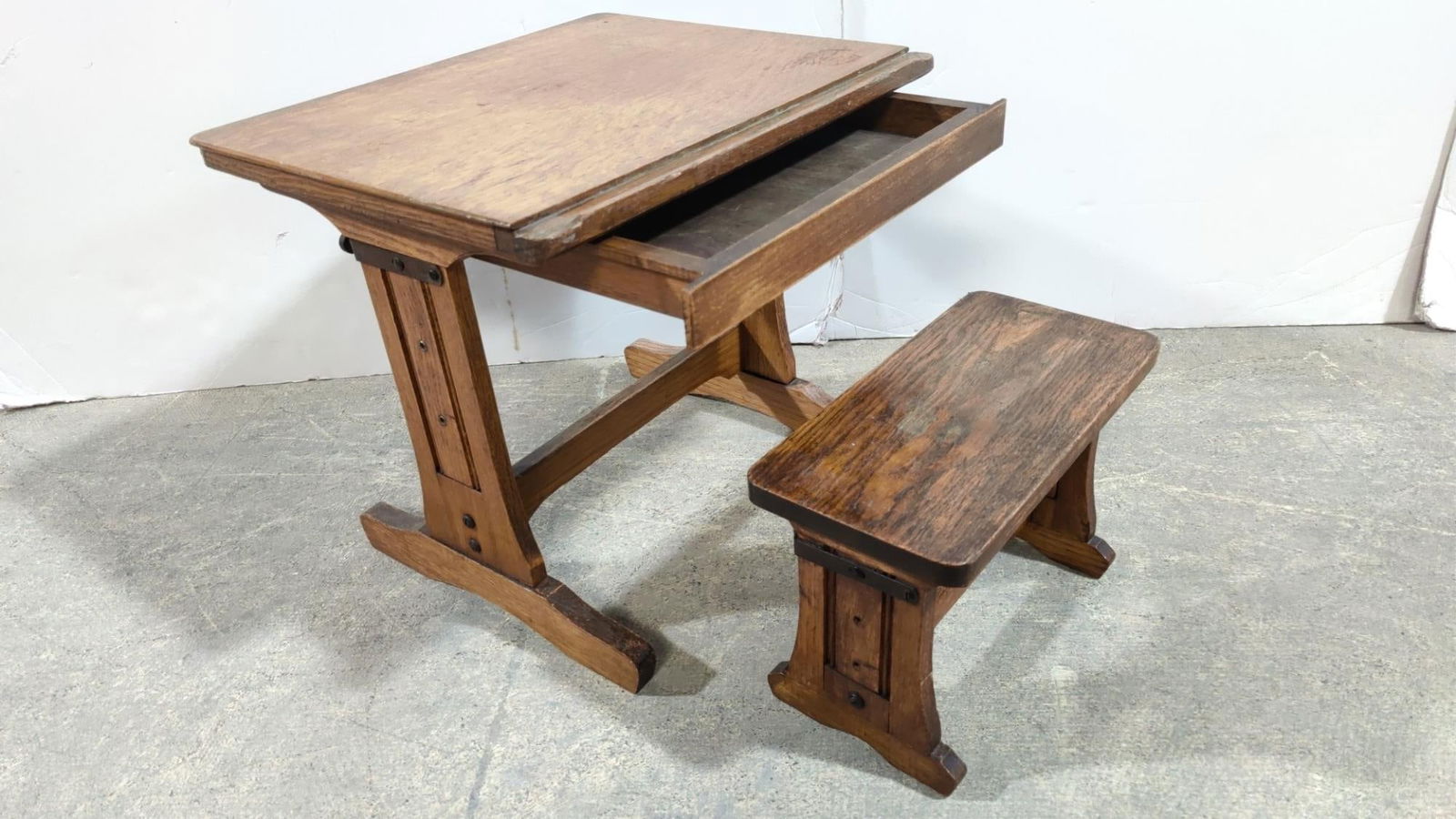 Child's Oak School desk and bench (1 of 4)