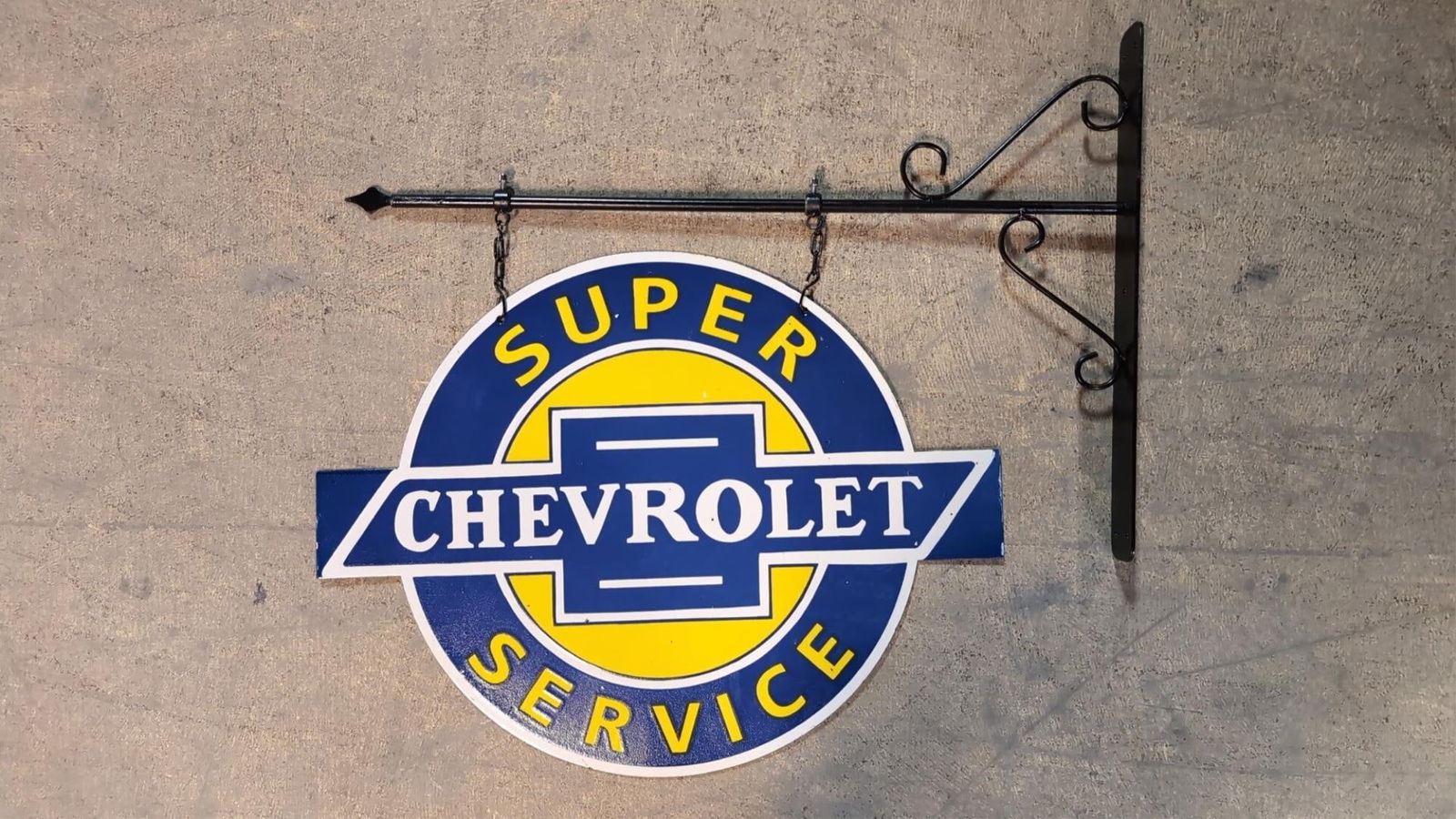 Porcelain double sided Chevrolet Super Service Sig: 24" x 20" comes with metal hanging bracket excellent condition