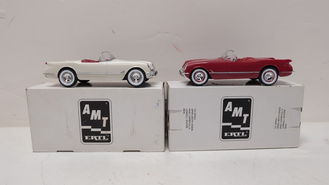 (2) AMT Cars - Ertl: 1953 and 1954 Corvette Red and White Plastic 8" x 3"