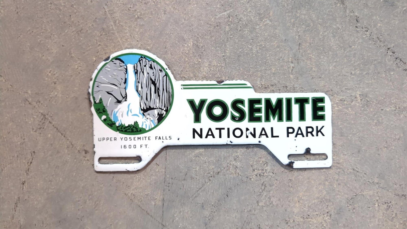 Porcelain Yosemite Tag Topper: Chips around perimeter 11" x 5 1/2" T