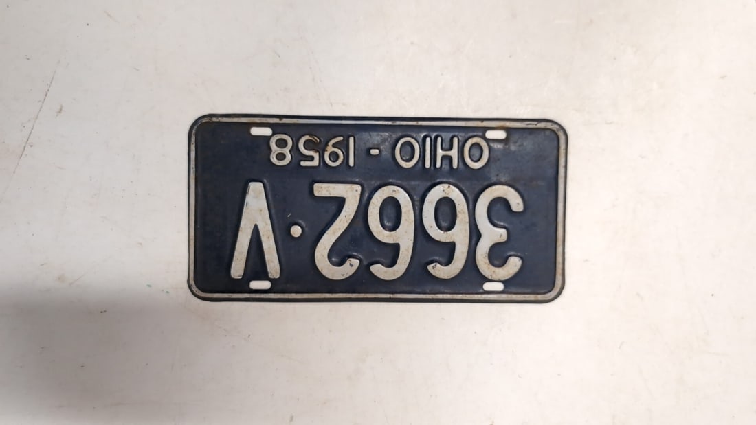 1958 Ohio License Plate: 12" W x 6" T good condition