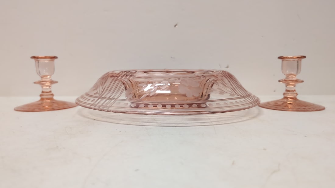 Pink Elegant Glass etched console set (1 of 4)
