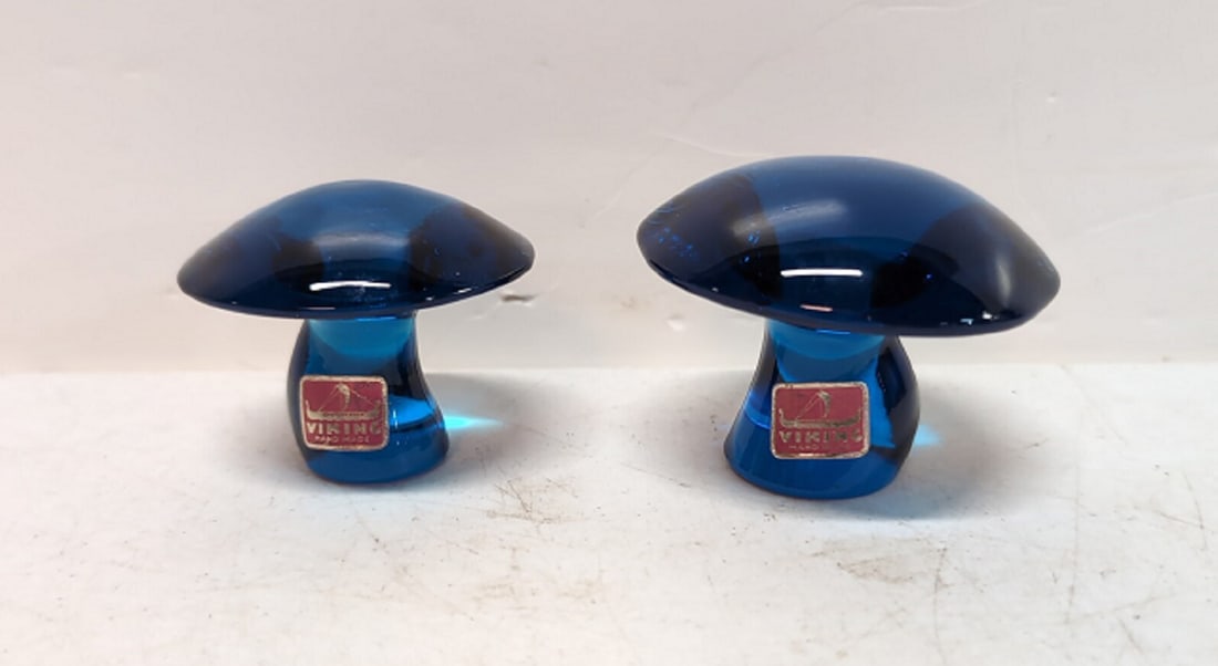 2 Rare Viking Bluenique Blue Mushrooms: Art Glass large one is 3" dia x 2 1/2" t the small one is 2 1/4" T x 2 1/2" Dia No chips or cracks