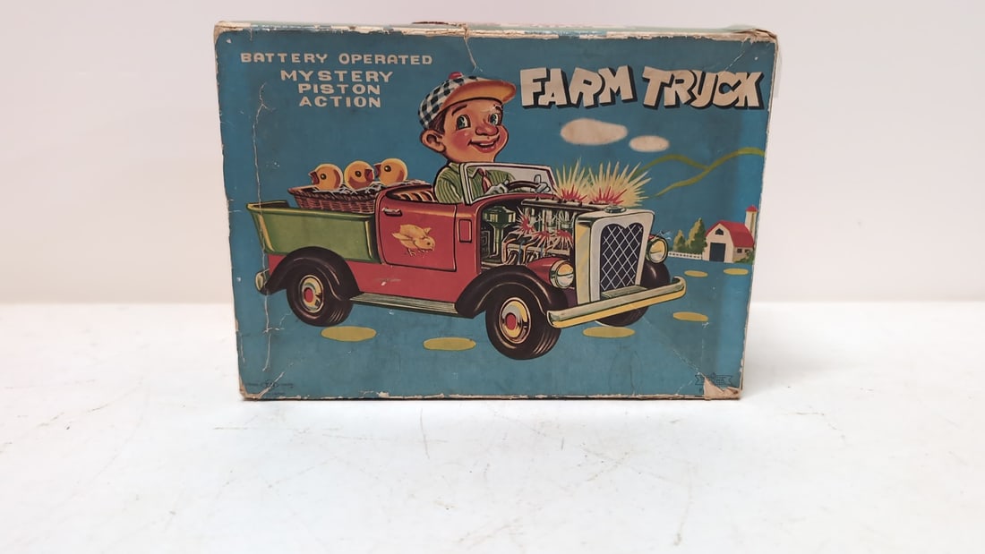 Vintage 1960s Marx Battery operated farm truck: in original box Great Condition some wear to box Wind Shield Damage 9" L x 6 1/2" T