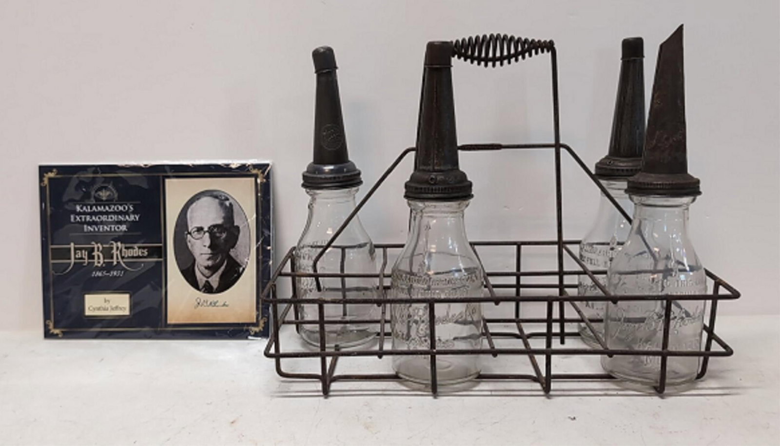 (4) Vintage J B Rhodes oil bottles, Rack & Book (1 of 3)