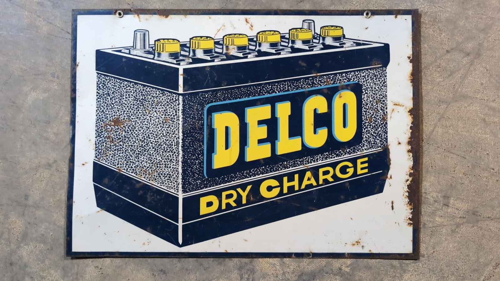 Vintage Delco Battry metal double sided sign: Rust and corrosion 28" L x 20" T