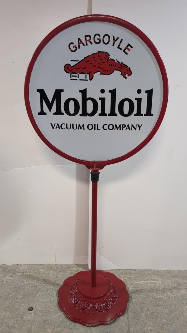 Mobil Oil Double Sided lolipop Decaled sign: original Ring metal minor dings on interior 56" t x 30" Dia