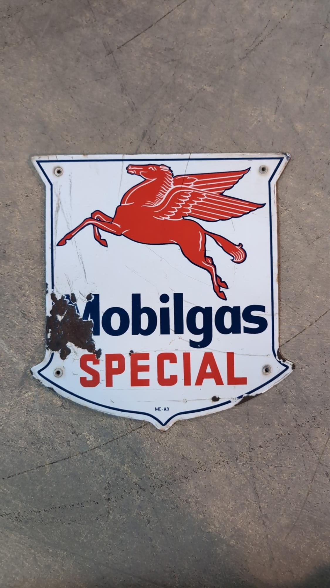 Porcelain Mobil Gas Special Pump Badge: 13" t x 12 1/2" W Few dings and scuff marks with cosrrosion