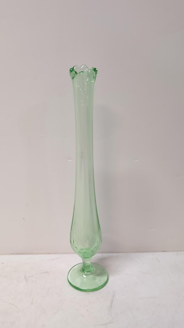Vintage Vaseline Glass Bud Vase: 9 3/4" T good condition
