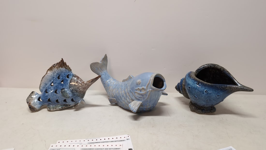 Ceramic Koi & Sword Fish & Sea Shell: Koi fish 14" L x 7 " T sword fish 12 1/2" L x 8 1/2" T , Sea Shell 12" L x 7 1/2" t good condition