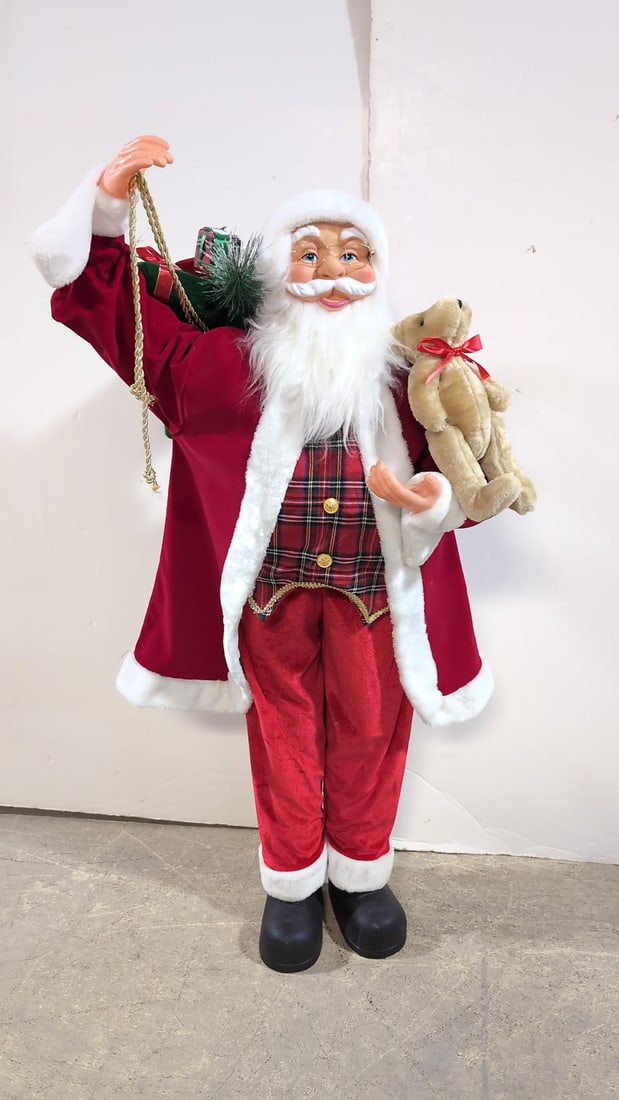 Santa Figure with bear and gifts: good condition 48" Fabric Santa