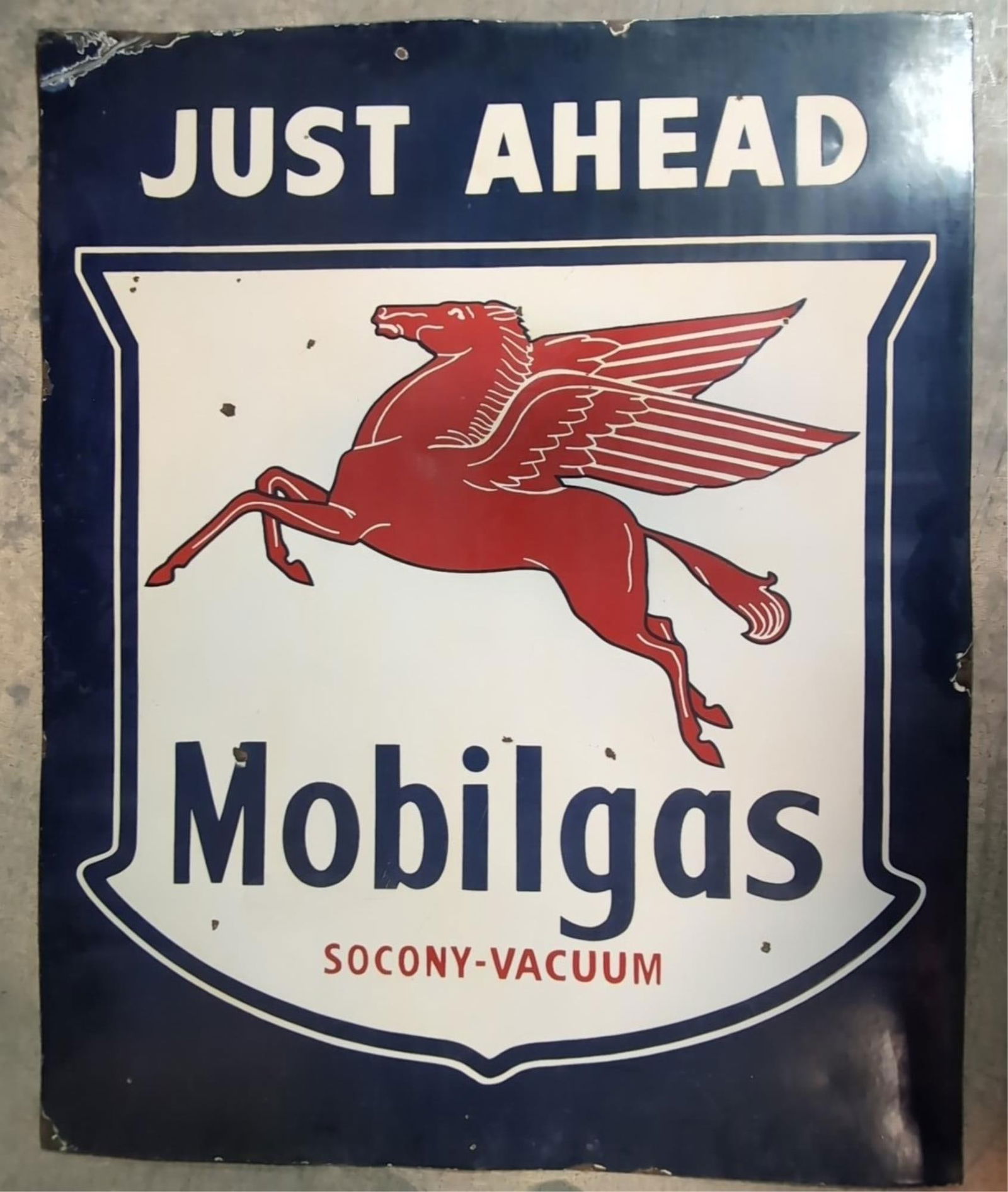 Porcelain Mobil Gas Just Ahead single sided sign: some dings and corrosion to edges and interior 52" x 42"