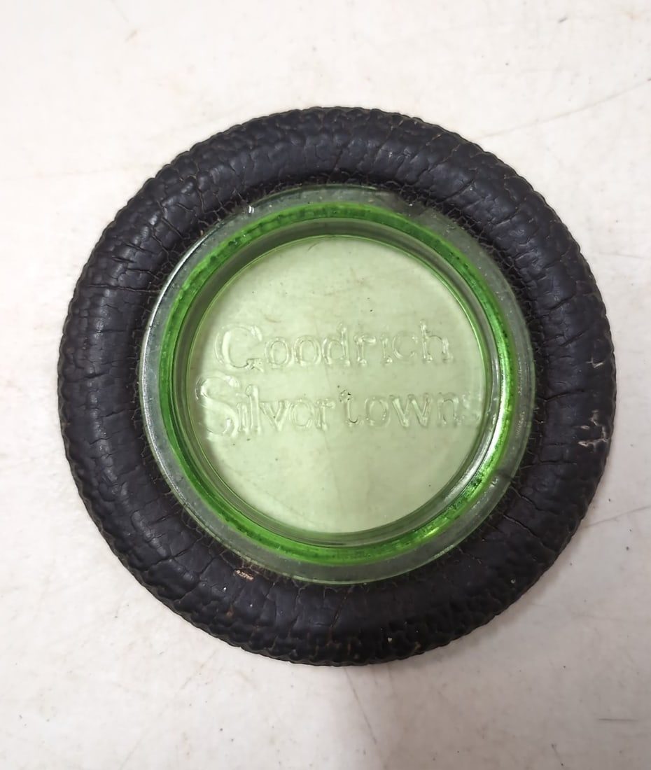 Vintage Goodrich Silvertowns Tire Ashtray: 6 3/8" dia green ashtray has couple small chips on rim