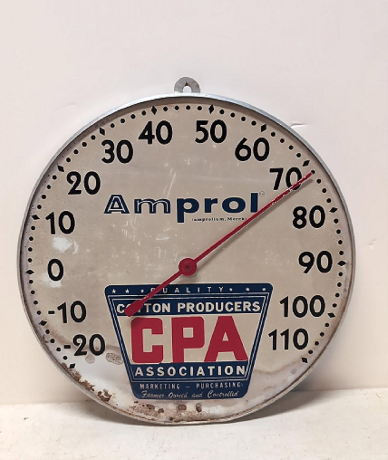 Vintage Amprol Coton Producers Thermometer: 10" diameter some fading and paint wear on face NO lens