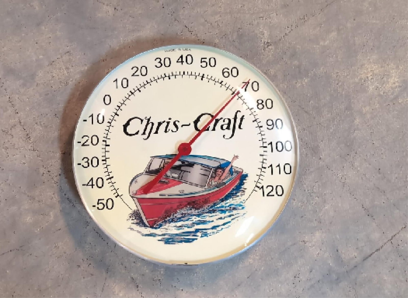 Chris Craft Boats Round Thermometer: glass lens and dial 12" diameter good condition