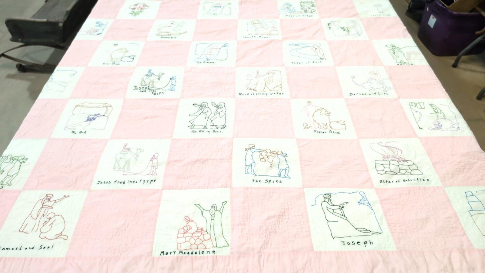 Vintage Friendship Quilt: embroidered good condition small stain 78" x 71"