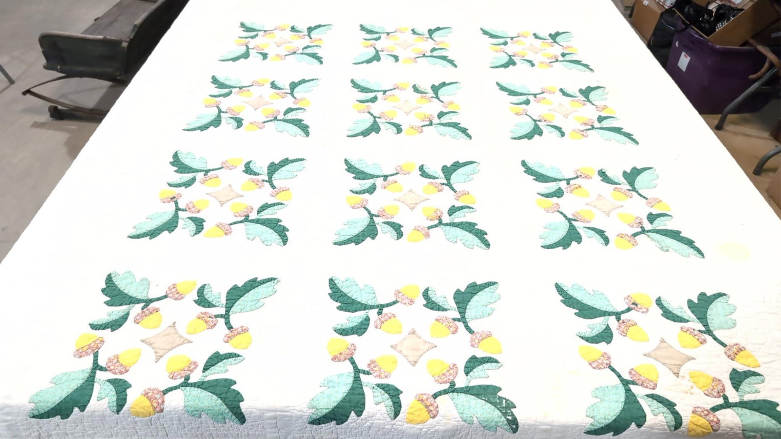 Vintage Acorn Quilt: hand pieced and quilted some stains and loose stitching 92" x 79"