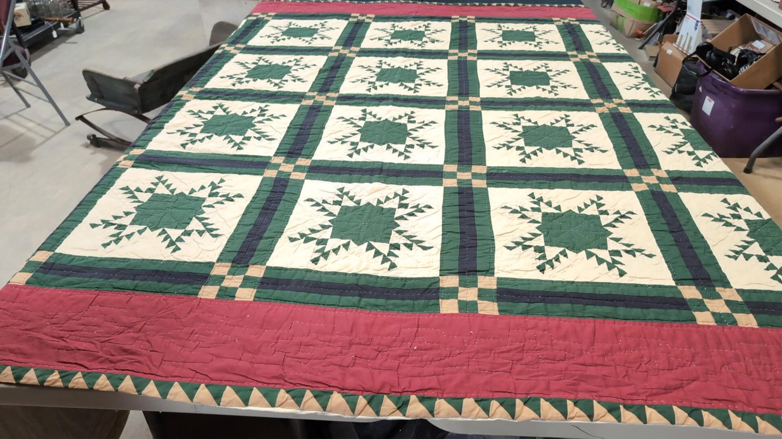 Vintage Red White and Green Quilt: hand stitched and quilted good condition small stains 98" x 90"