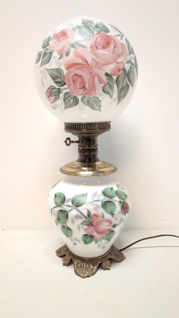 Vintage Gone With The Wind Lamp: Pink rose and green leaf design 22" Tall