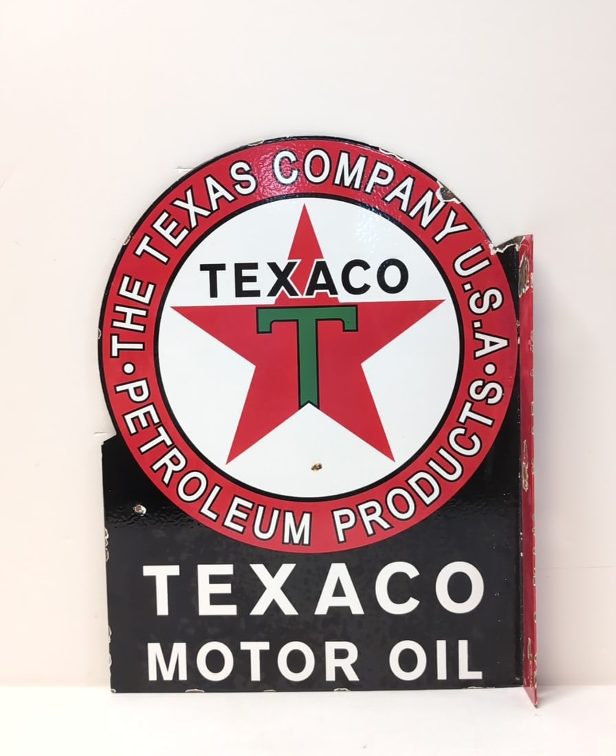 Porcelain Texaco Motor Oil Flange Sign: dings, Corrosion on mounting holes, perimeter and interior 15" W x 20" T