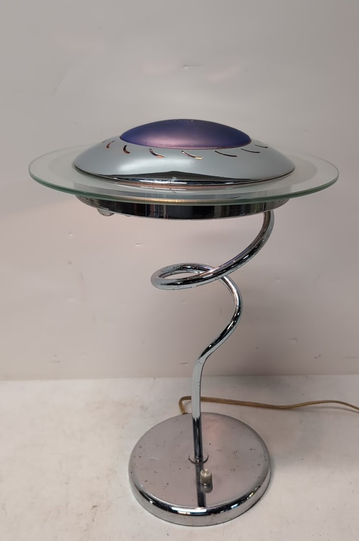 Vintage UFO Flying Saucer Desk Lamp: Robert Sonneman for George Kovacs Blue & Chrome with glass saturn rings 17 1/2" T x 12" dia