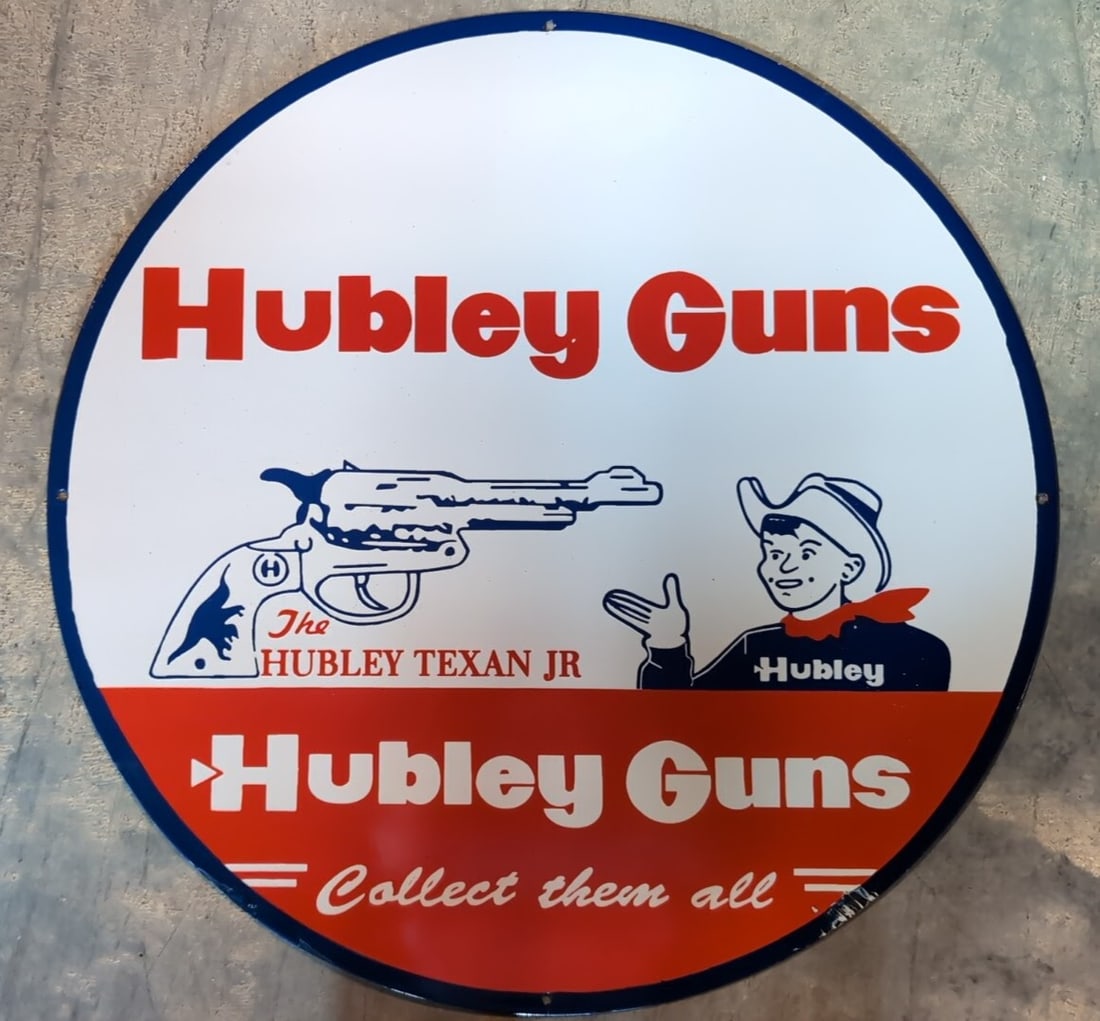 30" Porcelain Hubley Guns Sign: Single Sided one ding on bottom perimeter