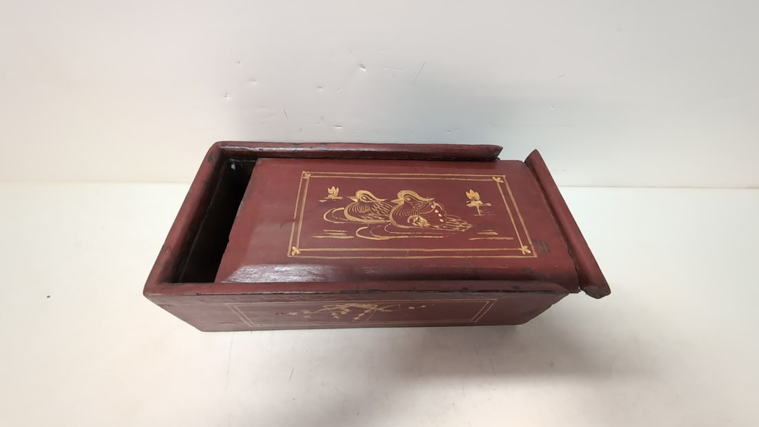 hand painted wooden candle box: Beveled sliding lid Ducks and Flowers motif 13 1/4" L x 7" W x 3 7/8" T