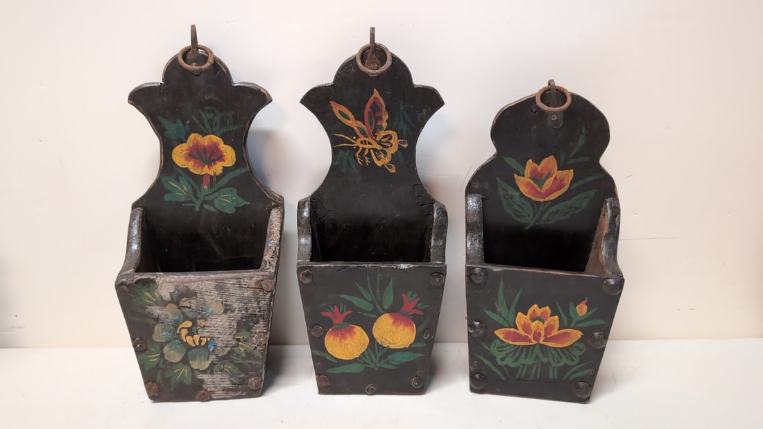 3 hanging wooden candle boxes: 10" to 11" tall could be used as letter boxes or for long fireplace matches