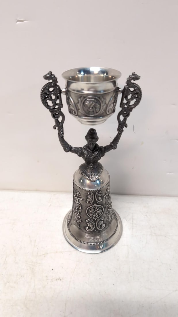 Gnadental Zinn Bride Chalice: Engraved Tommy and lara 2001 silver plated 8" tall