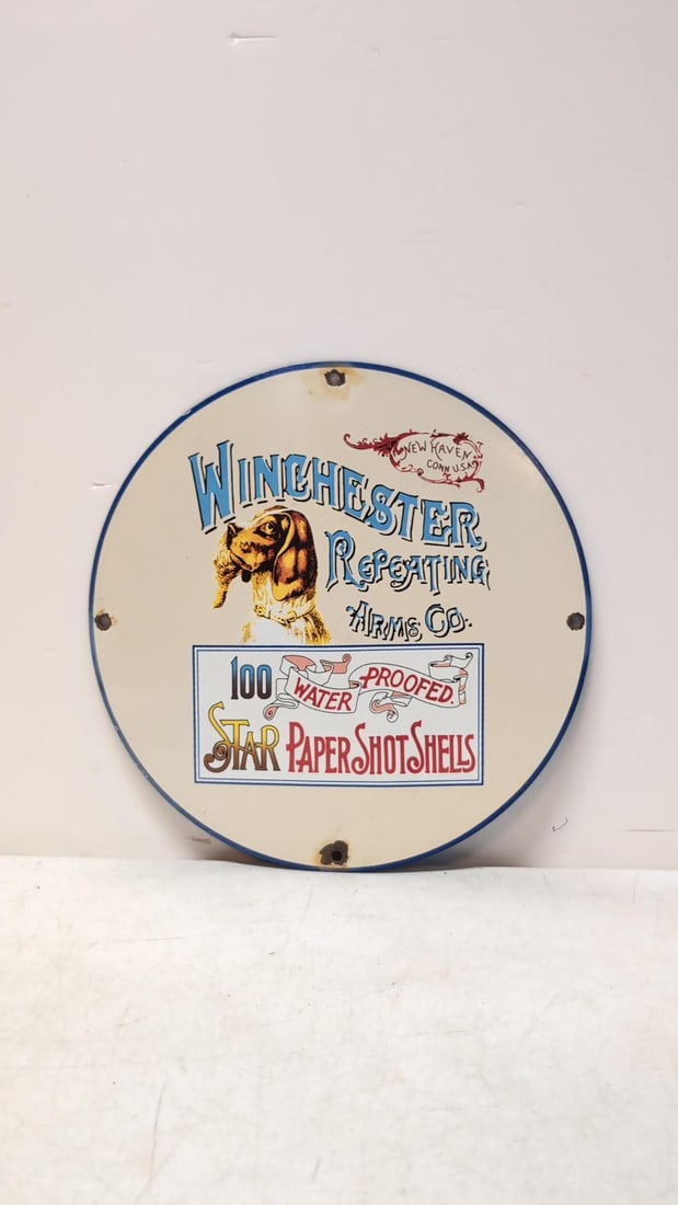 Porcelain Winchester Repeating Arms sign: 12" single sided chip and corrosion at mounting holes