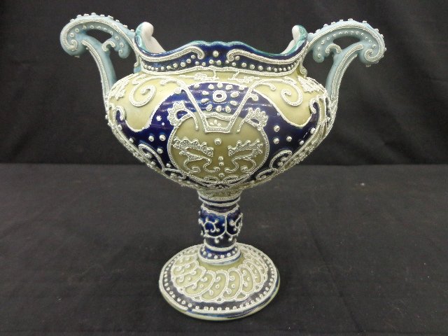 Nippon Moriage vase 8” tall cobalt blue & green No: Nippon Moriage vase 8” tall cobalt blue & green No mark
