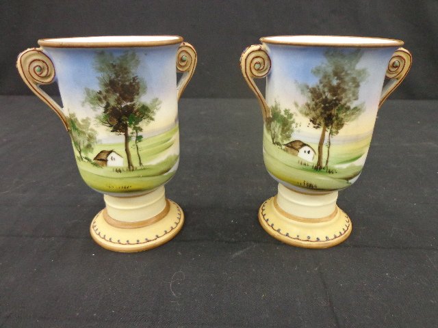 Pair Nippon farm scene vases 5” tall: Pair Nippon farm scene vases 5” tall