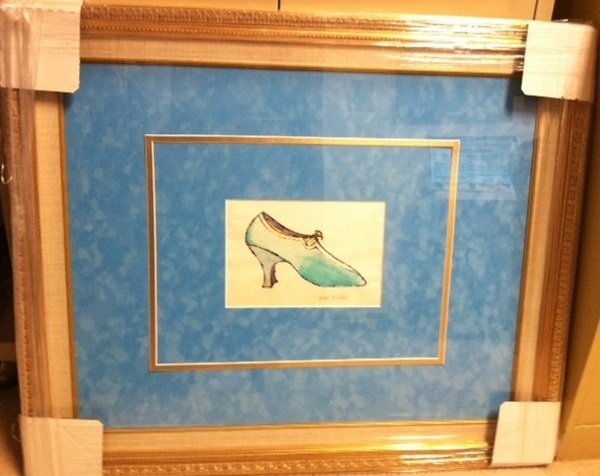 Rare Original HS Ink Draw Andy Warhol "Blue Shoe": Rare original hand signed ink draw watercolor by artist Andy Warhol, titled "Blue Shoe" Beautifully museum framed - dimensions are approximately 24x28. Comes with provenance.