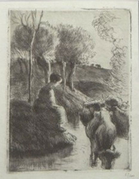 Original Jacob Camille Pissarro Etching: Artist: Jacob Camille Pissarro Title: ÒVachere Au Bord De L'EauÓ Medium: Original etching on laid paper Year: 1904 Size: 7 1/2Ó x 5 1/2Ó Edition: Number 67 from the limited edition of 100. Certifi