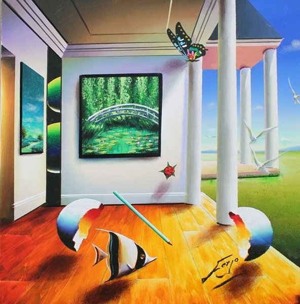 Original Hand Signed Oil on Canvas Ferjo: Original hand signed oil on canvas by artist Ferjo, titled "Beach Home" Hand signed by the artist. Unframed, stretched ready to be framed. Dimensions are approximately 24x24. Certificate of authentici