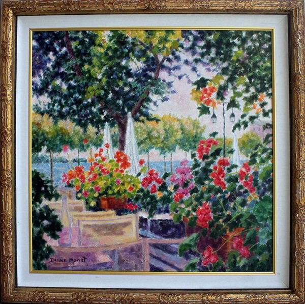 Original Hand Signed Oil on Canvas Monet: Original hand signed oil on canvas by artist Diane Monet, titled "Magical St. Maxime". Hand signed by the artist. Beautifully museum framed! Dimensions are approximately 25.5x24.4. Certificate of auth