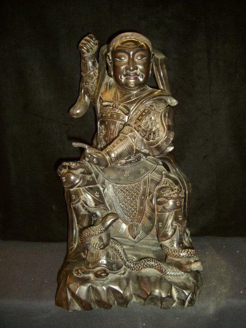 WOODEN XUAN TIAN SHANG DI GOD: SIZE:9"W, 9"L, 17"H. Xuan Tian Shang Di is one of the most popular Chinese God, being honored and worshipped worldwide from Northern to Southern China, Taiwan, and Chinese Communities.