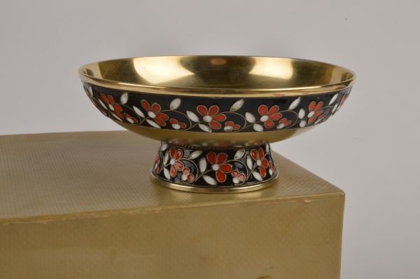 A Soviet Russian silver coloured gilt and enamel s: A Soviet Russian silver coloured gilt and enamel stem bowl, post 1958 .916 standard for Moscow, with enamel flower bands, 11.5cm diameter, 4.8 oz gross, in a card box