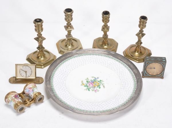 A Mintons Salisbury pattern plate with an American: A Mintons Salisbury pattern plate with an American silver coloured mount by Shreve & Co., San Francisco, 30cm diameter; a set of four brass candlesticks, in mid Georgian style, circa 1900; two mec