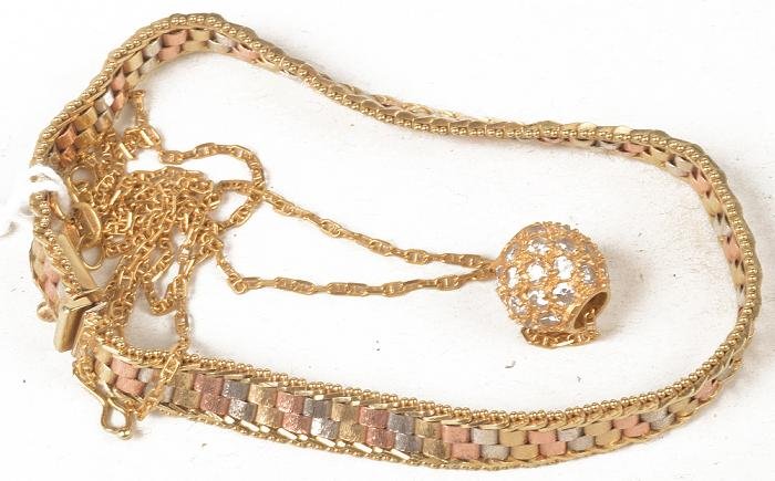 A three colour bracelet, with block links and a c: A three colour bracelet, with block links and a concealed box snap clasp, stamped '14K', 18.5cm long; a bead pendant pave set with colourless stones, on a fancy link chain, stamped '750', 17.8g grossI