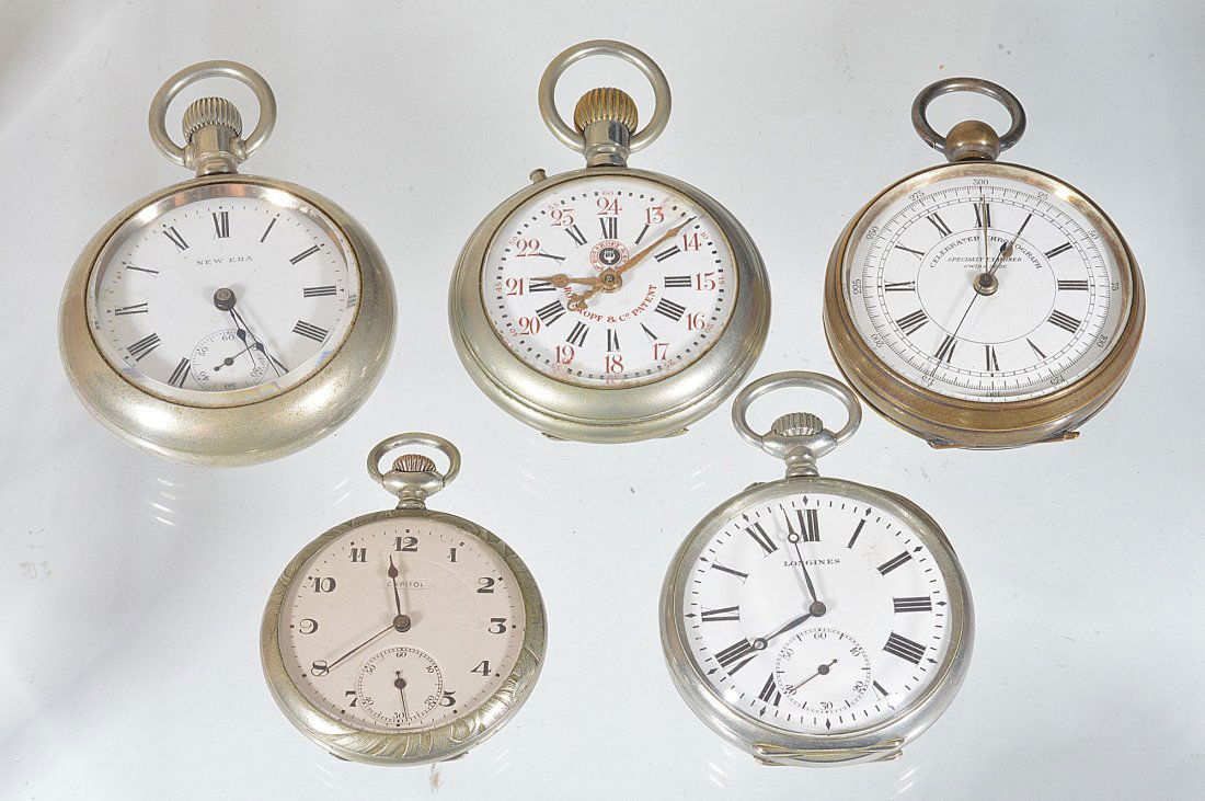 Five pocket watches, to include: Longines, an open: Five pocket watches, to include: Longines, an open face pocket watch, the outer case engraved with a monogram and p285', the white dial with black Roman numerals, blued steel Breguet hands and subsid