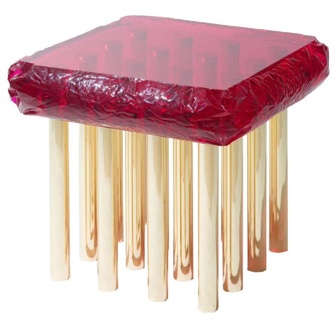 "Mou" Coffee Table by Studio Superego: "Mou" coffee table in ruby red plexiglass with brass legs designed and produced by Studio Superego. DIMENSIONS 18.9 in.Hx18.9 in.Wx18.9 in.D 48 cmHx48 cmWx48 cmD