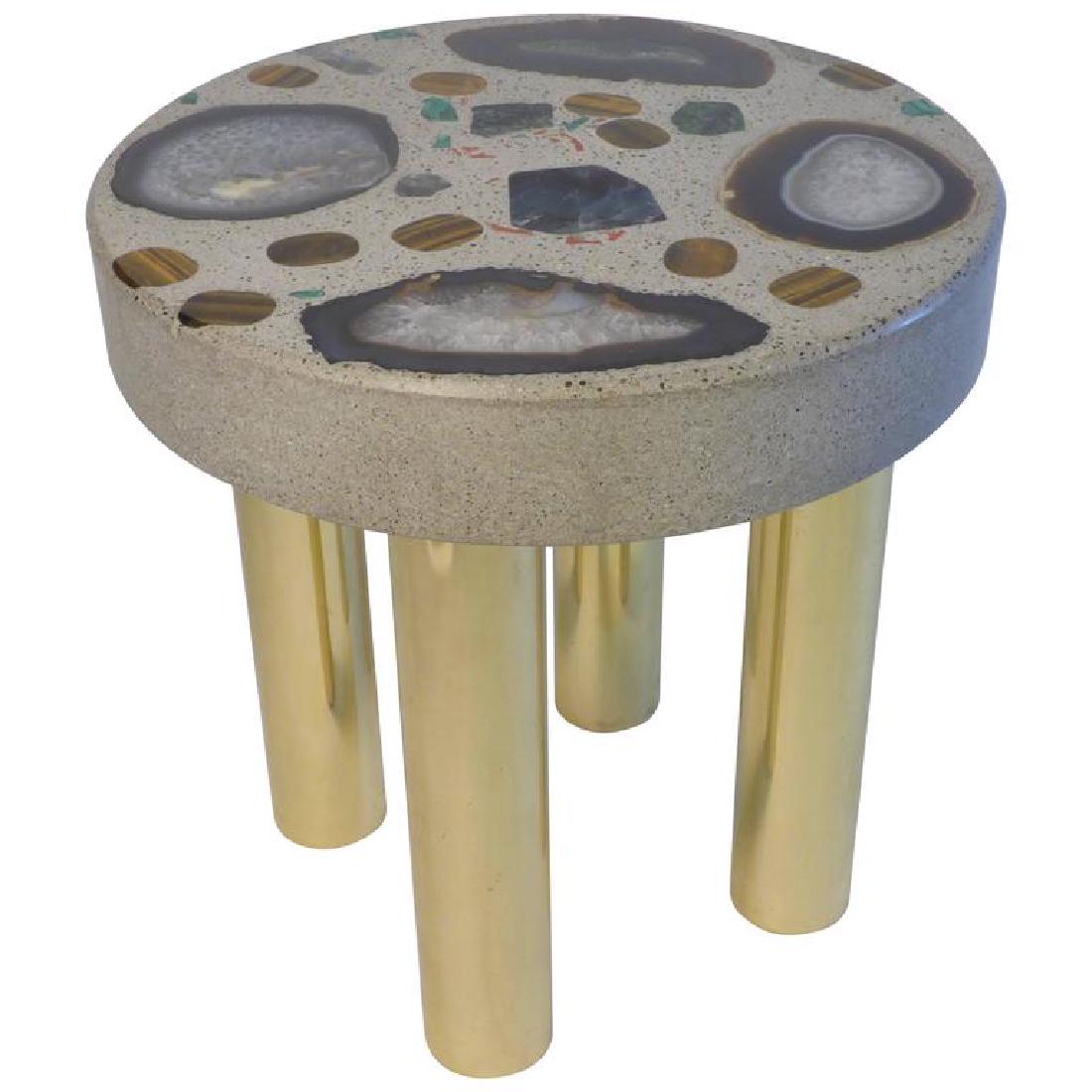 Cloud Table by Studio Superego: Coffee table with brass feet and cement top with semiprecious stones like agate, amethyst, pyrite, lapis lazuli, quartz designed and produced by Studio Superego. DIMENSIONS 19.68 in.H 50 cmH DIAMETER